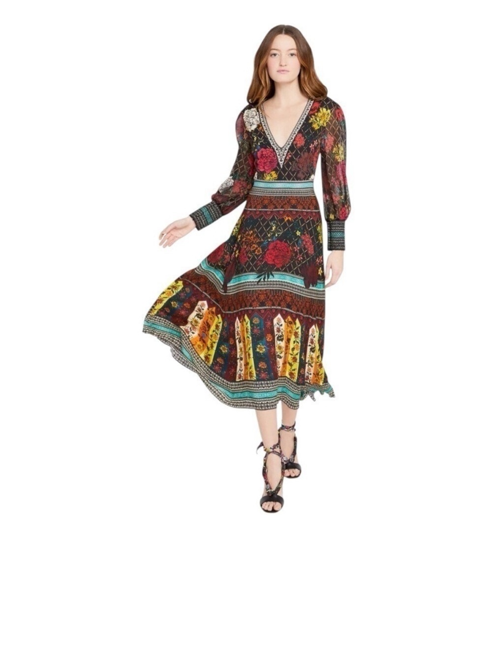 Alice + Olivia Multi‑Color Floral & Geometric V‑Neck Midi Dress